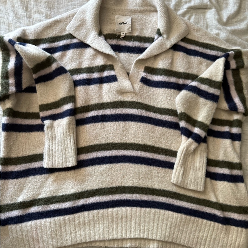 Aerie ButterCream Striped V-neck Sweater